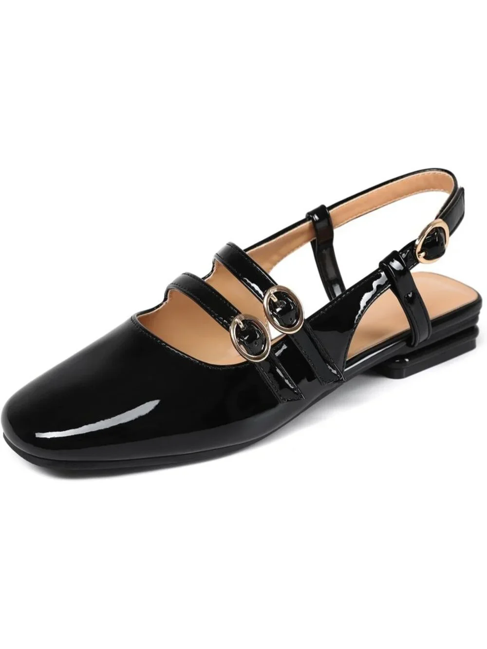 Women's Black Closed Square Toe Strap Slingback Low Heels Pumps for Party Dress